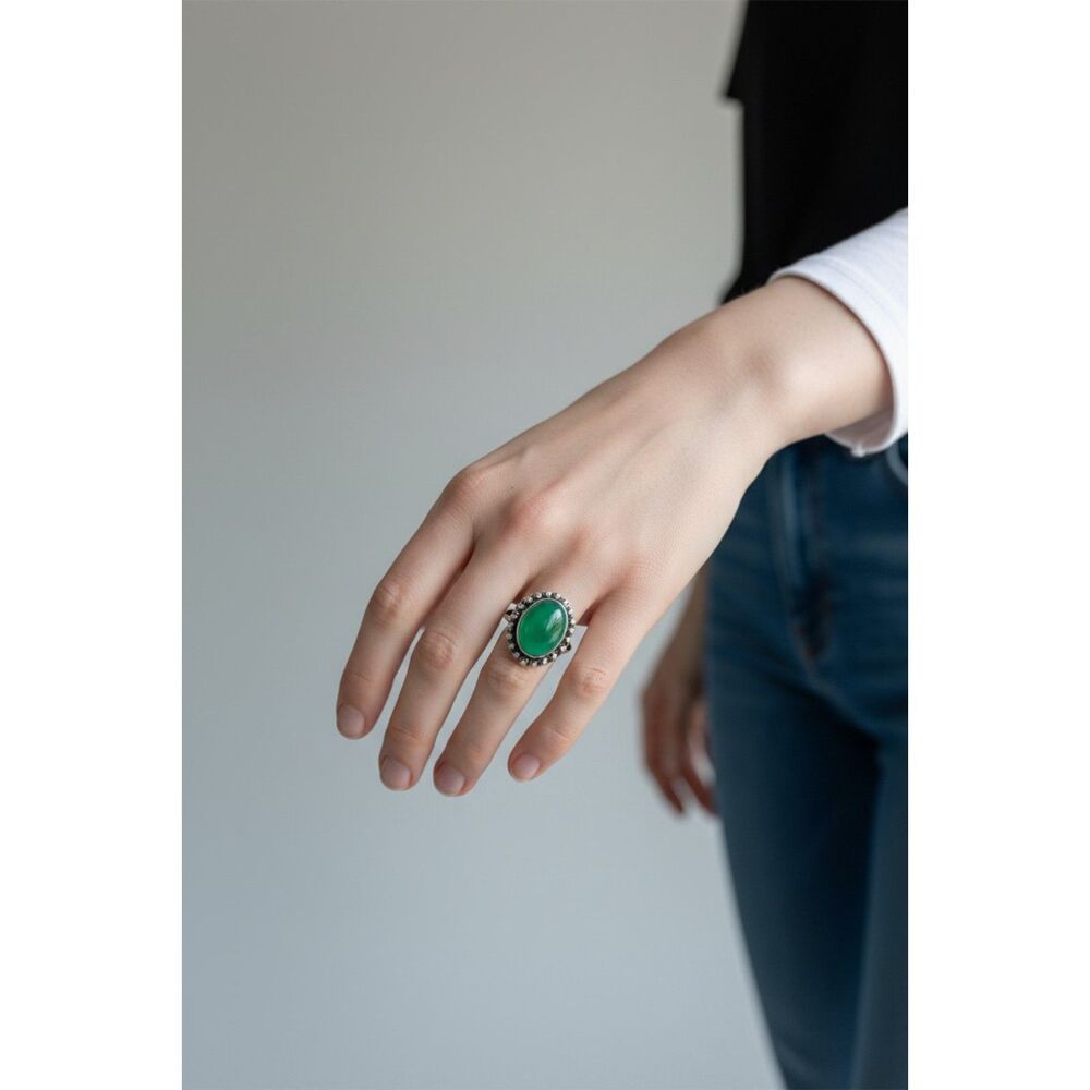 Vintage Style Green Onyx Ring Sterling Silver Cabochon Statement Jewelry Size 8